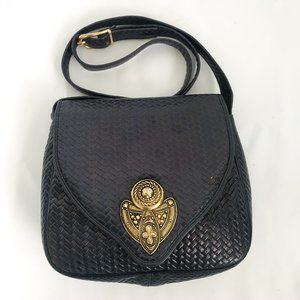 Vintage Genuine Leather Blue & Gold Emblem Purse